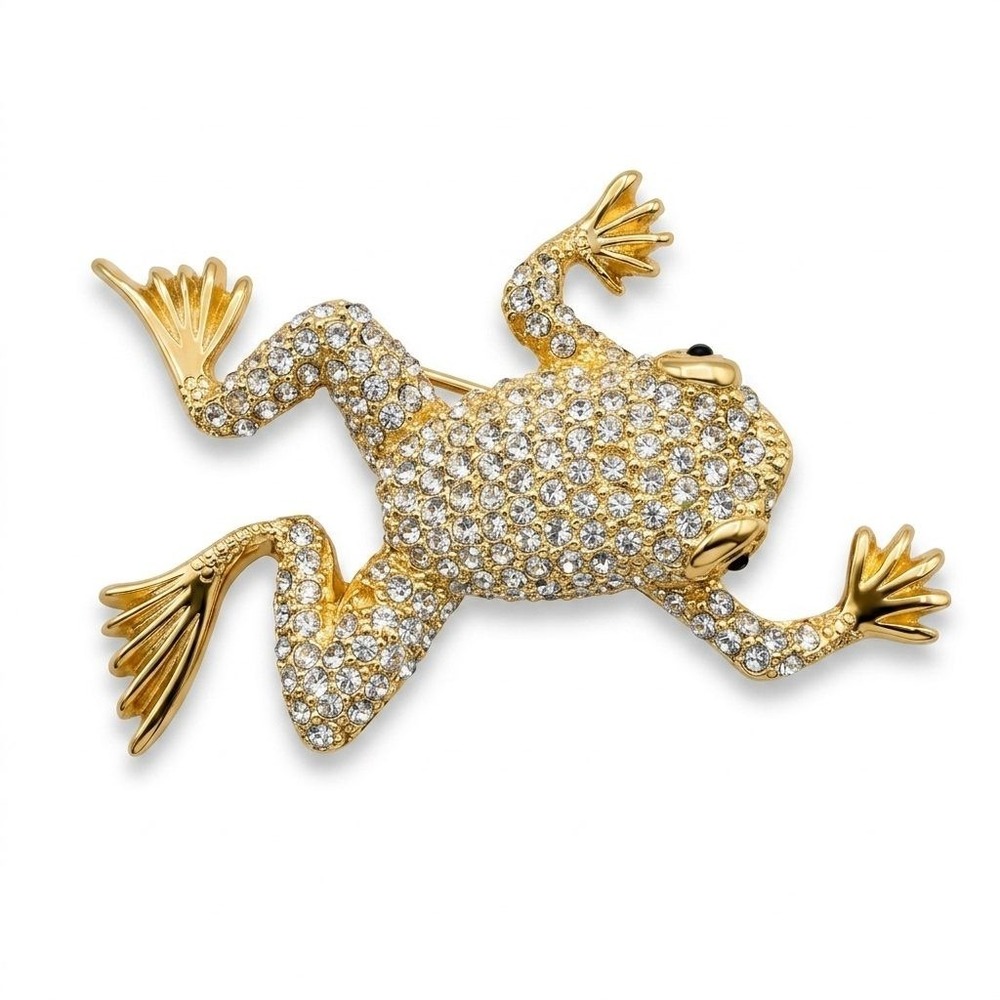 Christian Dior Germany Gold Tone Rhinestone Pave Frog Brooch Vintage Signed Pin